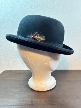 Black Wool Bowler Hat with Feather Accent